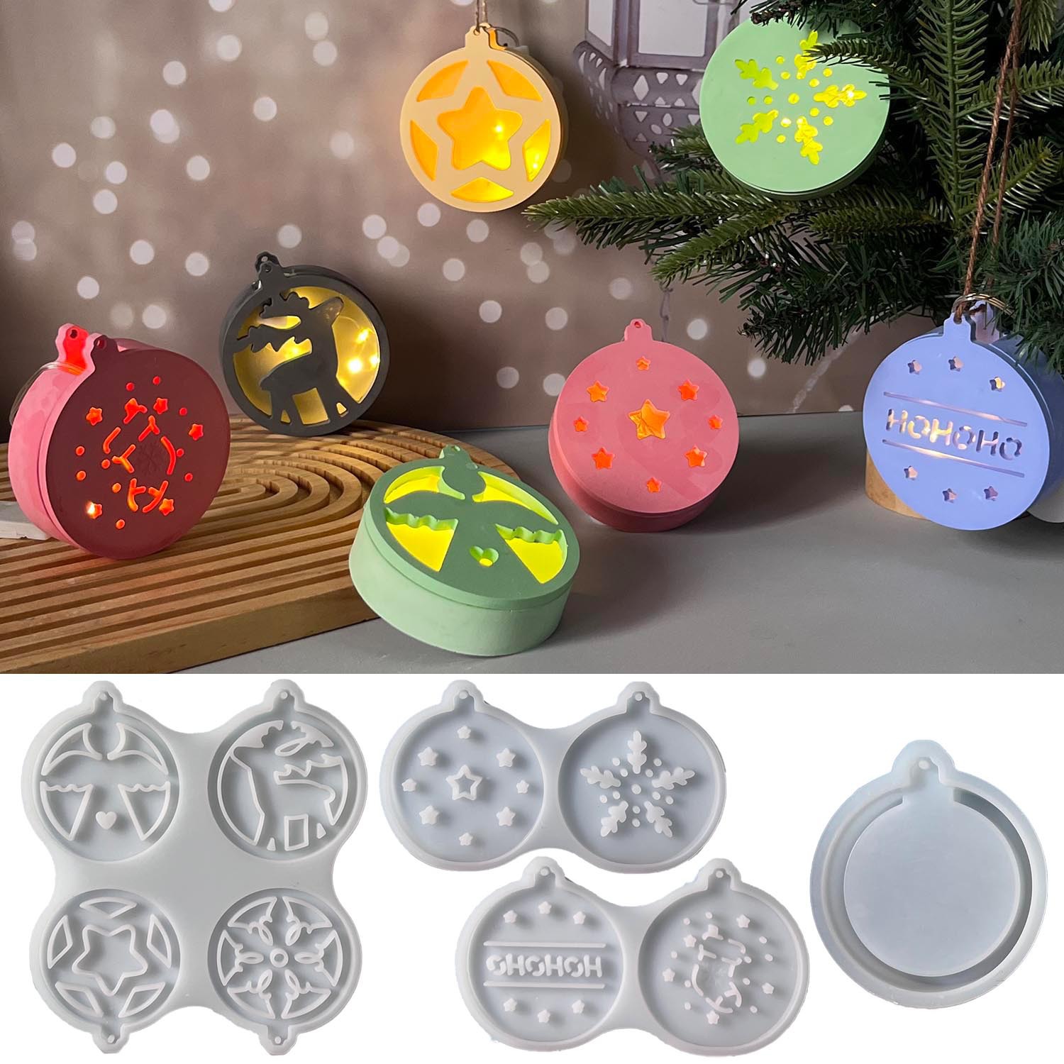 Pendant Lighting Christmas Decor - แม่พิมพ์ซิลิโคนสำหรับทำไฟกลางคืนรูปทรงกลมลายเกล็ดหิมะและนางฟ้า สำหรับตกแต่งเทศกาลคริสต์มาส ทำจากยิปซัม ใช้สำหรับทำเครื่องประดับ