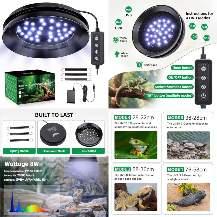 Gecko Lighting & Decor - หลอดไฟ UVB สำหรับสัตว์เลื้อยคลานพร้อมระบบหรี่แสง, หลอดไฟ LED UVB