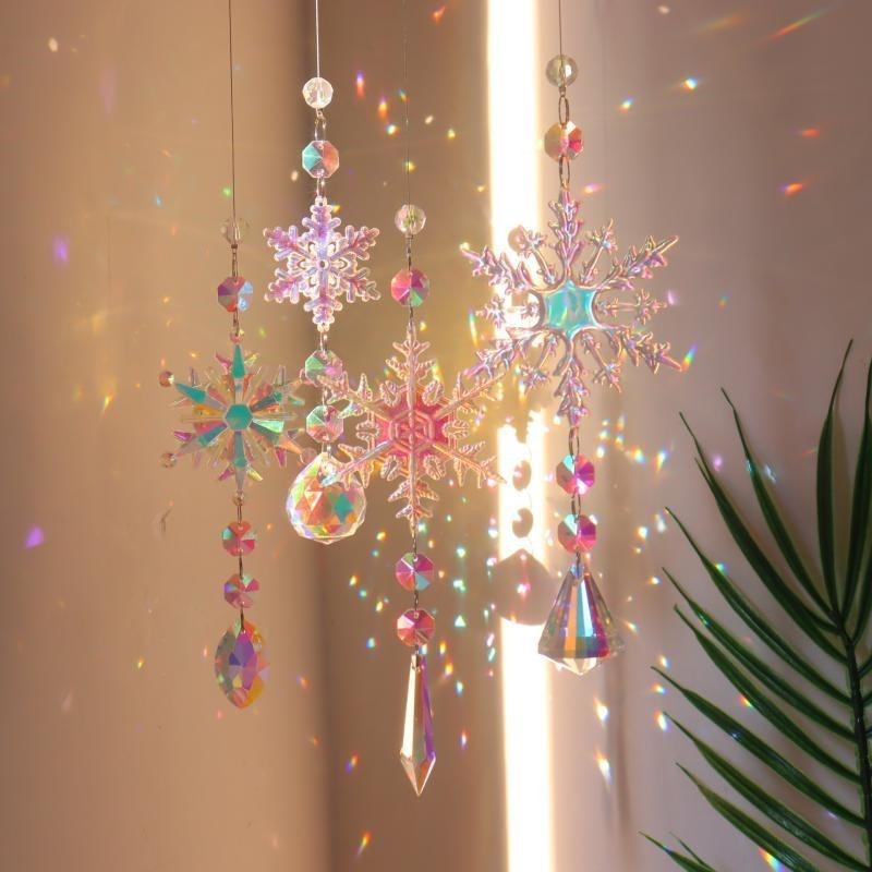 Pendant Lighting Christmas Decor - จี้หิมะหลากสีสันสร้างสรรค์สำหรับคริสต์มาส อะคริลิกแก้วแสงสีรุ้งตกแต่งหน้าต่างต้นคริสต์มาส