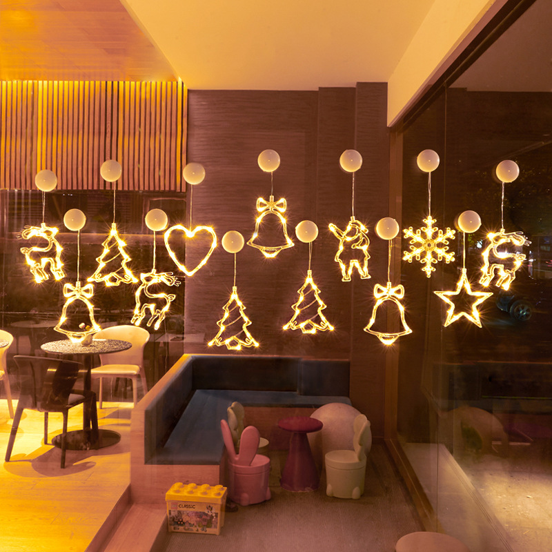 Pendant Lighting Christmas Decor - ไฟประดับตกแต่งหน้าต่างรูปซานตาคลอสและเกล็ดหิมะแบบ LED ใช้แบตเตอรี่ สำหรับตกแต่งบ้านในช่วงคริสต์มาสและปีใหม่
